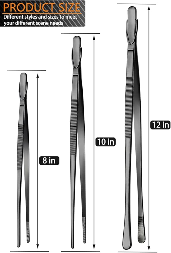 JETKONG 3 Pcs Kitchen Tweezers Tongs, Stainless Steel Cooking Tweezers, 8+10+12 Inch Ideal for meat, pasta, plating and pinching delicate small pieces of food (Black)