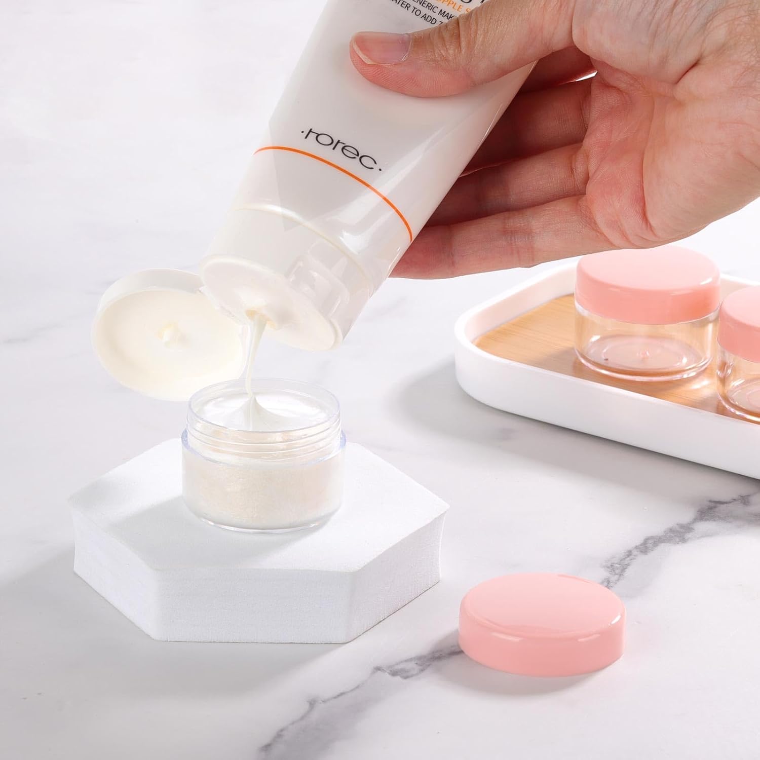 Refillable Cosmetic Sample Jars - 100 Pack 15g (0.5oz) Pink Small Travel Containers with Lids + 10 Mini Makeup Spatulas - BPA Free-BrightBean Baby