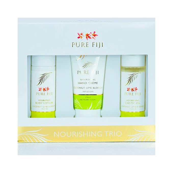 Pure Fiji Nourishing Trio, Ideal Spa Bath Gift Set for Women - Travel Kit - Includes Exotic Body Oil , Hydrating Body Lotion For Women and Nourishing Hand Cream, Coconut Lime Blossom Scent-BrightBean Baby