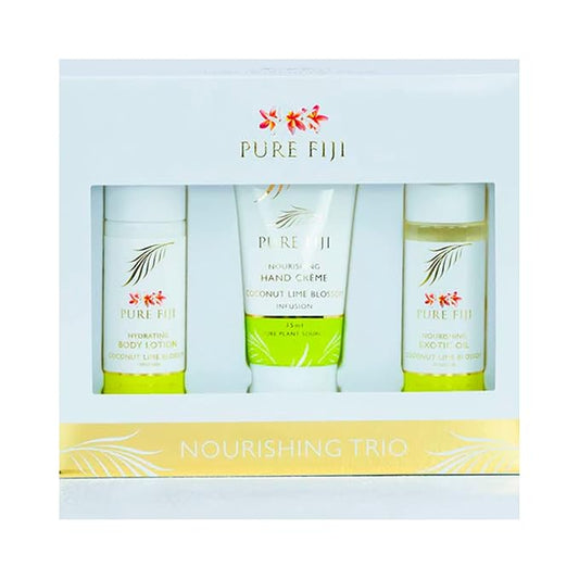 Pure Fiji Nourishing Trio, Ideal Spa Bath Gift Set for Women - Travel Kit - Includes Exotic Body Oil , Hydrating Body Lotion For Women and Nourishing Hand Cream, Coconut Lime Blossom Scent-BrightBean Baby