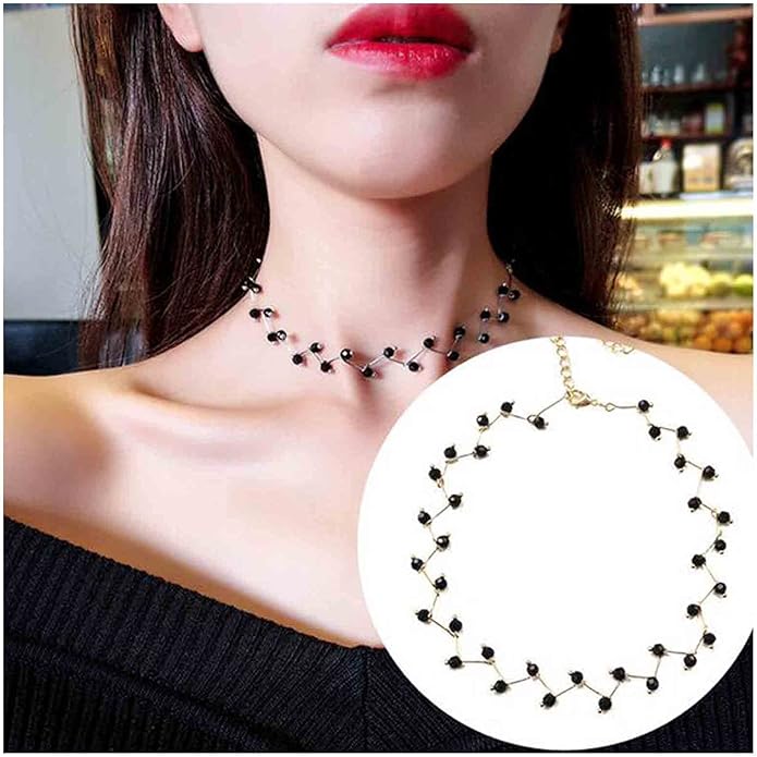 Black Crystal Choker Necklace Short Black Beaded Choker Necklace Silver Chain Necklace Minimalist Necklace Jewelry for Women and Girls-BrightBean Baby