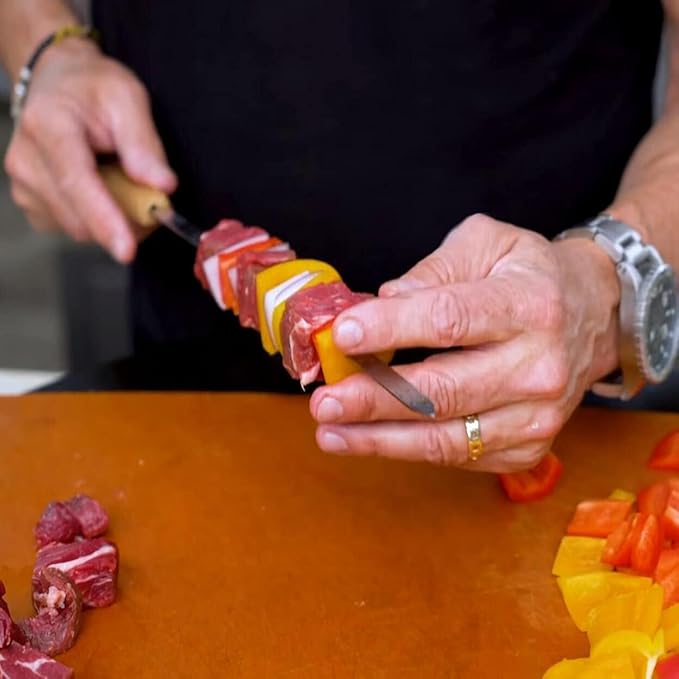 12 Pack Kebab Skewers 22 Inch Stainless Steel Grilling BBQ Skewer Reusable Barbecue Skewers Flat Stick with Wood Handle,Ideal for Koubideh Brazilian Chicken Shrimp Turkish Shish Kabob