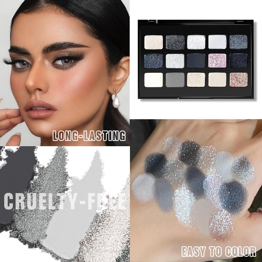SUAKE 15 Colors Matte Shimmer Pearlescent Eyeshadow Palette for Eye Makeup,High Pigmented Smoky Dark Punk Metal Eye Shadow Primers Powder, Flashing sombras de ojos for Cosplay - Black Gold Blue Brown-BrightBean Baby