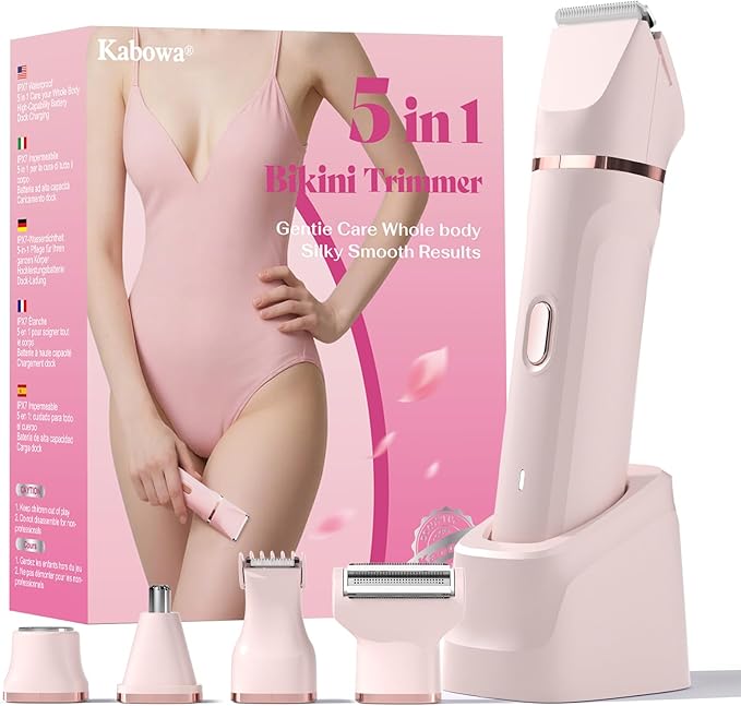 Bikini Trimmer for Women - 5 in 1 Painless Electric Razors for Ladies Pubic Facial Nose Body Leg Hair Removal, Waterproof Electric Shaver for Women Private Area Sensitive Skin,Personal Hair Trimmer-BrightBean Baby