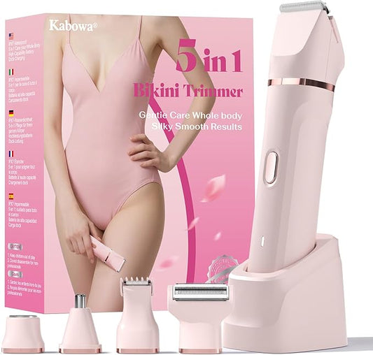 Bikini Trimmer for Women - 5 in 1 Painless Electric Razors for Ladies Pubic Facial Nose Body Leg Hair Removal, Waterproof Electric Shaver for Women Private Area Sensitive Skin,Personal Hair Trimmer-BrightBean Baby