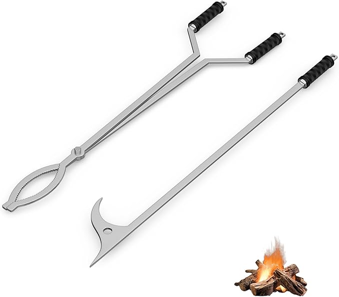 KEESHA 40" Fire Tongs Fire Pit Tongs Set, 40" Fire Poker Set Stainless Steel Log Grabbers Fire Pit Tools Fireplace Tongs for Outdoor Indoor Campfire Picnic Backyard Accessories