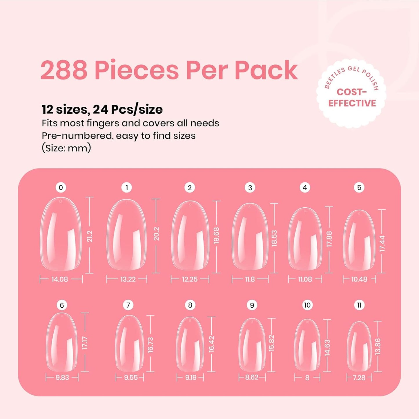 Beetles Gel Nail Tips 288Pcs Pre-Shaped Short Oval Fake Nails Gelly Tips Clear Press on Nail Tips Full Cover False Nails Gifts for Girls Women Gelly Tips Home DIY Nail Salon-BrightBean Baby