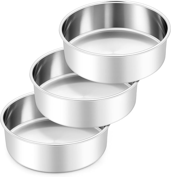 Leonyo 8 Inch Cake Pan, Stainless Steel Circle Baking Pans Set, 3 Pieces Round Layer Cake Tin for Wedding Birthday, Even Heating, Non Toxic & Healthy, Heavy-Duty, Dishwasher Safe