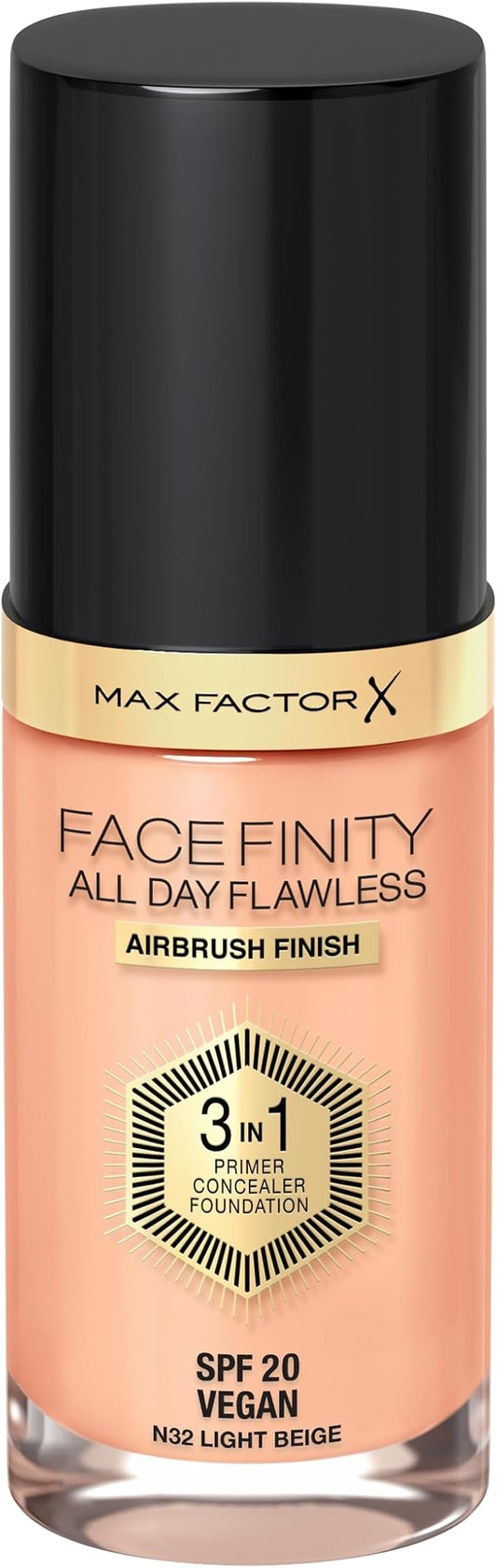 Max Factor Facefinity 3-in-1 All Day Flawless Liquid Foundation, SPF 20-32 Light Beige, 30 ml-BrightBean Baby