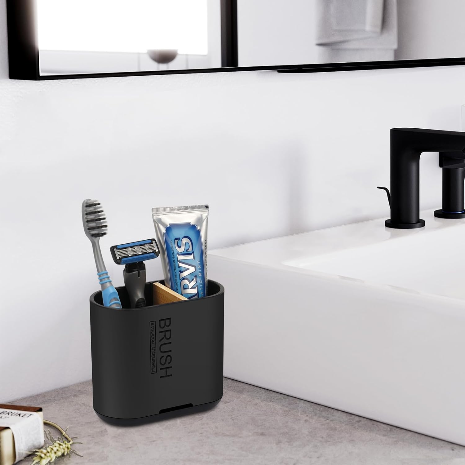 Toothbrush and Toothpaste Holder with Bamboo Divider for Bathroom Countertop Organizer, Detachable for Easy Clean, 2 Slots Electric Toothbrush Holders Storage Caddy Drainage for Family-Black-BrightBean Baby