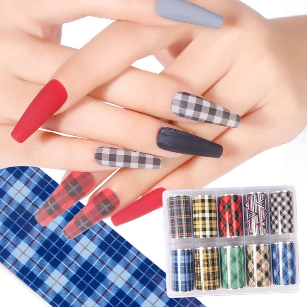 10 Colors Buffalo Plaid Nail Art Foils Christmas Nail Transfer Stickers Supplies Buffalo Plaid Design Nail Decal Tips Wraps Adhesive Glitters Acrylic DIY Nail Decoration-BrightBean Baby