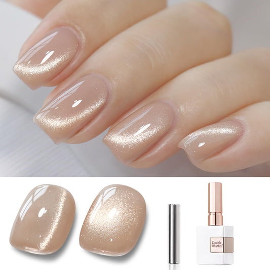 Double Rhythm Cat Eye Gel Polish with Magnet 15ML Ice Glass Holographic Glitter Shimmer Translucent Sheer Color Salon Soak Off Magnetic at Home (Milky Nude-MC1121)-BrightBean Baby