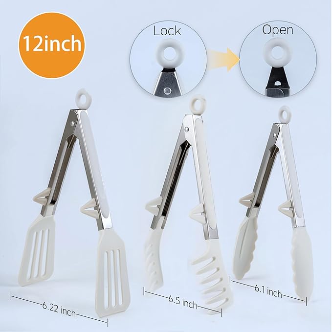 Kitchen Tongs,Set Of 3 Tongs with Silicone Tip for Cooking 9/12 Inch Stainless Steel Kitchen Tong for Meat,Food Grill,Salad,BBQ,Frying,Serving,Dishwasher (white, 12inch)