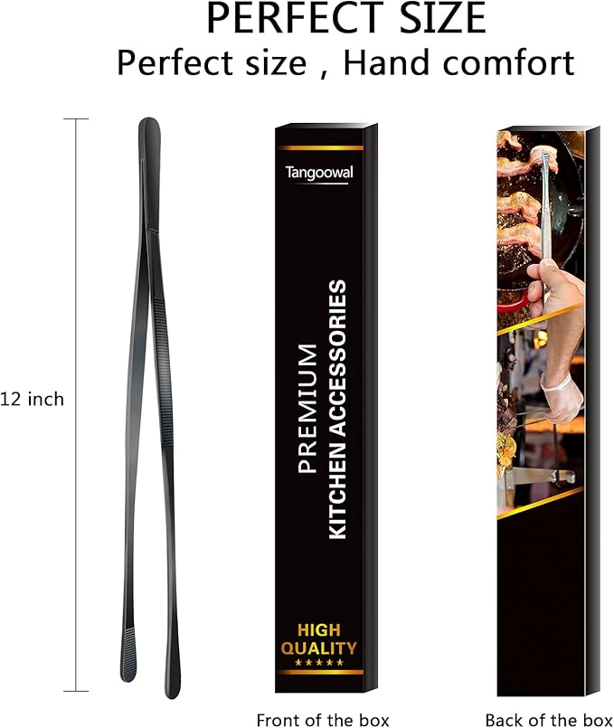 12-Inch Professional Kitchen & Cooking Tweezers Tongs - Stainless Steel Long Tweezer Tongs - Black Coated - BBQ,Plating,Multi-use
