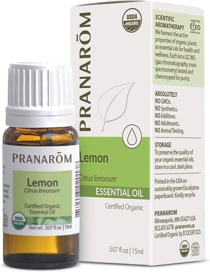Pranarom USDA Certified Organic Lemon Essential Oil (15ml), 100% Pure Undiluted Therapeutic Grade from Argentina for Aromatherapy, Diffuser, DIY, Cleaning, Fresh Lemon Scent-BrightBean Baby