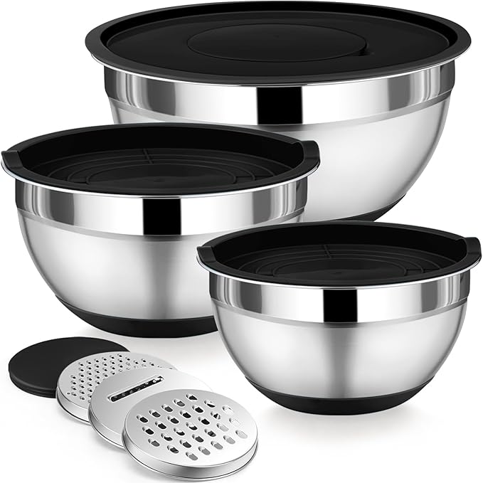 P&P CHEF Mixing Bowl with Lids Set of 3, Stainless Steel Nesting Salad Bowls for Serving Preparing, 3 Grater Attachments & Non-Slip Bottoms, Size 1.5/2.6/4.6 QT, Black
