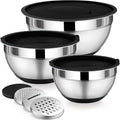 P&P CHEF Mixing Bowl with Lids Set of 3, Stainless Steel Nesting Salad Bowls for Serving Preparing, 3 Grater Attachments & Non-Slip Bottoms, Size 1.5/2.6/4.6 QT, Black