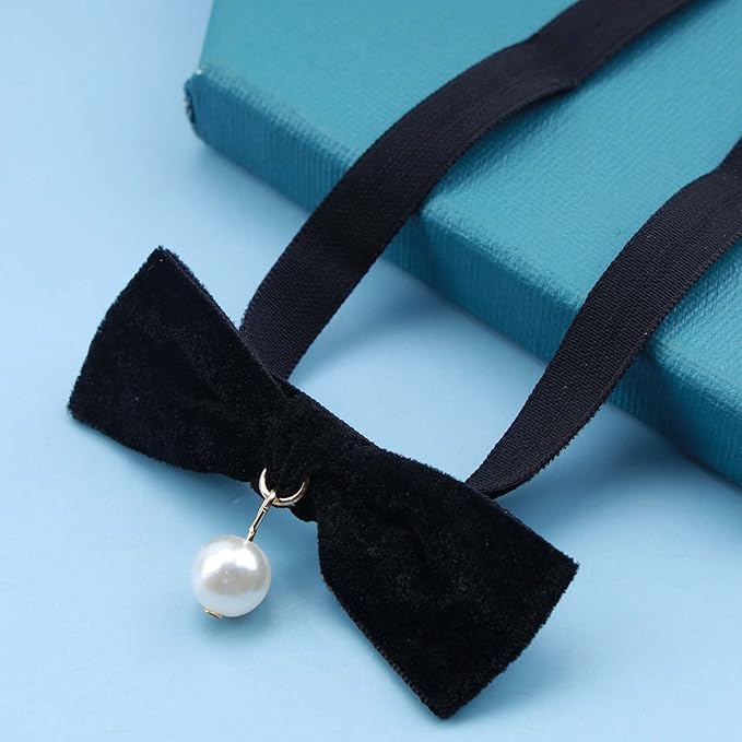 Vintage Satin Choker Necklace Pearl Pendant Necklace Black Bow Necklace Punk Leather Collar Necklace Chain Jewelry for Women and Girls-BrightBean Baby