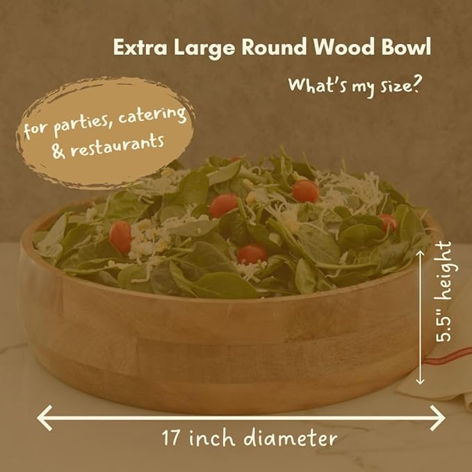 Extra Large Salad Bowl, 17" Wide, Big Serving Dish for Salad, Pasta, Cut Fruit, Party, Catering, Wedding, Restaurant, Kitchen Countertop Fruit Bowl, Farmhouse Style, Mango Wood