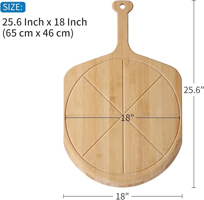 18” Bamboo Pizza Peel - Lightweight Smooth Wooden Pizza Paddle and Pizza Cutting Board with 8 Slice Grooves, Outdoor Pizza Oven Accessories, 25.6 Inch x 18 Inch