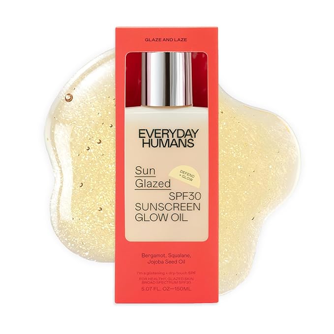 Everyday Humans Sun Glazed SPF30 Sheer Body Glow Oil with Gold Mica | Hydrating Non-Sticky Glowing UV Protection Cruelty Free 5.1 Fl Oz | Bergamot, Squalane, Jojoba Seed Oil | UVA/UVB Broad Spectrum-BrightBean Baby