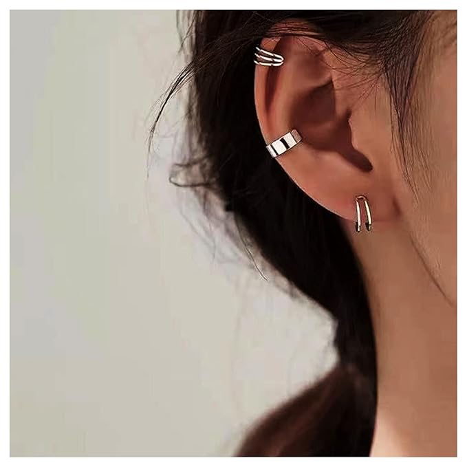 Boho Cartilage Ring Earrings Double Lines Ear Cuffs Set Minimalist Fake Helix Earcuff Earrings Simple No Piercing Earrings Jewelry for Women and Girls-BrightBean Baby