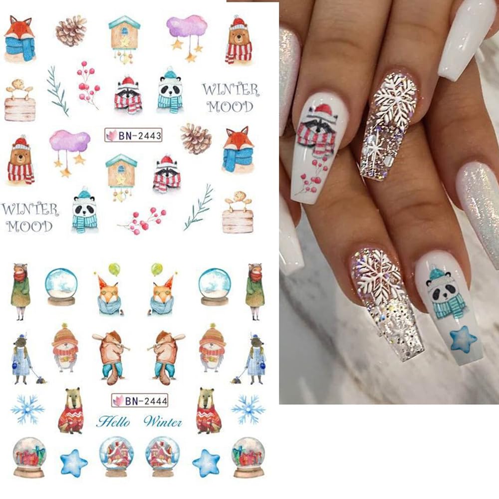 Snowflake Nail Art Stickers Decals Christmas Decorations - 12 Sheets Winter Snowman Elk Penguin Bear Design Water Transfer Slider Foils Supplies for Women DIY Acrylic-BrightBean Baby