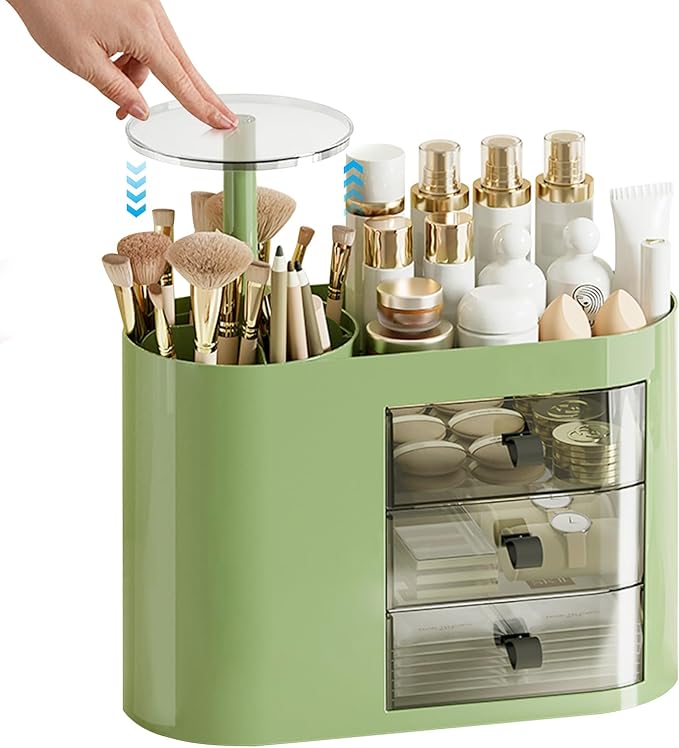 DASITON Makeup Organizer with 3 Drawers,Automatic Lifting Makeup Brush Holder with Lid,Large Capacity Makeup Organizers for Vanity,Bathroom Countertop,Ideal Storage Skin Care,Brushes,Lipstick (Green)-BrightBean Baby