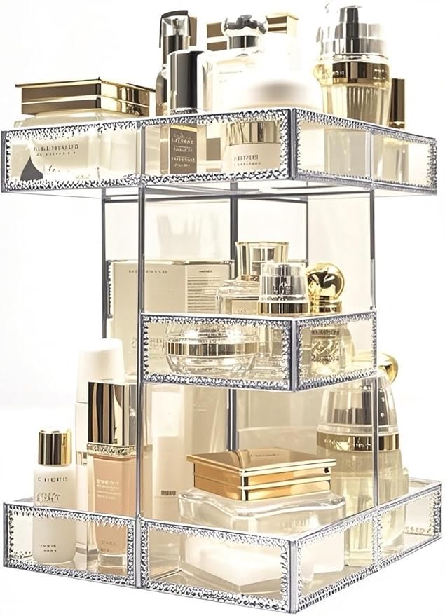 Hersoo 360 Degree Rotation Cosmetic Organizer -Premium Makeup Storage with Spin Base,Antique Countertop Cosmetic Storage,Large Capacity,Beauty Display for Countertop,Vanity or Bathroom (silver)-BrightBean Baby