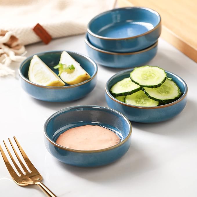 Selamica Ceramic 3.3 Inch Soy Sauce Dish Dipping Bowls Side Dishes Small Appetizer Pinch Bowls for Condiments, Sushi, Ketchup, BBQ-Set of 6(Ceylon Blue)