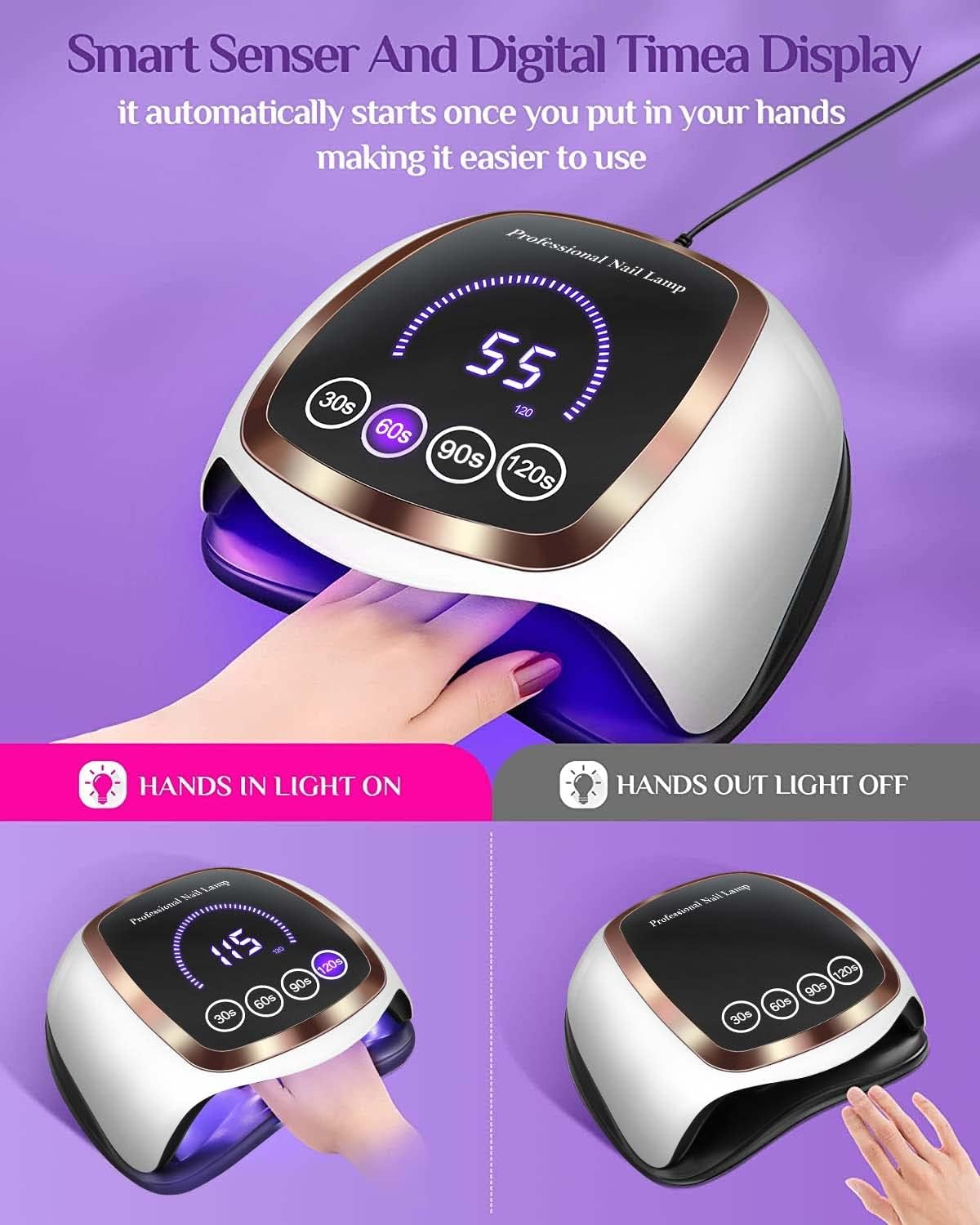 UV LED Nail Lamp, Gugusure 168W Nail Curing Lamps for Home & Salon, Led Nail Dryer for Gel Polish with Automatic Sensor/4 Timer Setting, Professional Nail Art Tools for Fingernail and Toenail Nail-BrightBean Baby