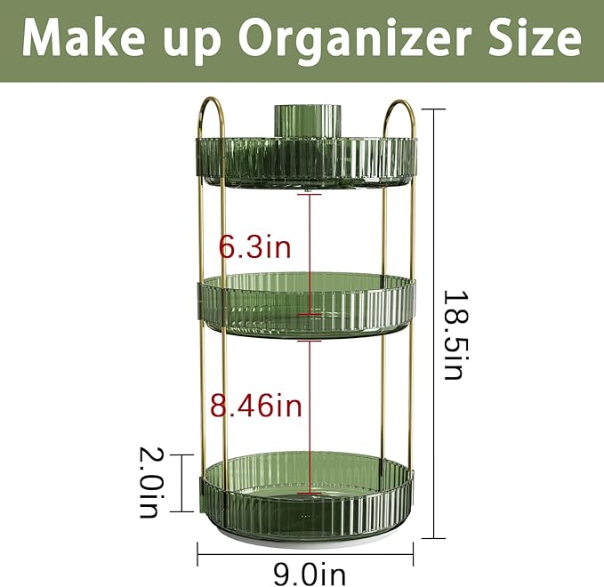 Rotating Makeup Organizer for Vanity, High-Capacity Skincare Clear Make Up Storage Perfume Organizers Cosmetic Dresser Organizer Countertop 360 Spinning (Green, New-3 Tier)-BrightBean Baby