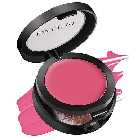 Multi-Purpose Cream Blush for Cheeks & Lip & Eyeshadow, Buildable Lightweight Peach Blush Balm, Ultra Hydrating Cruelty-Free Makeup Blush for Dry/Sensitive Skin, Waterproof Blush, Built-in Brush, Rose-BrightBean Baby