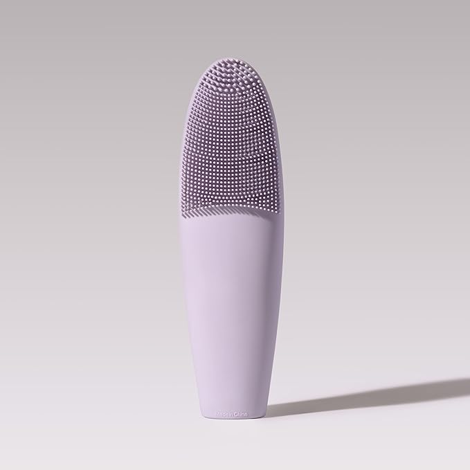 LOLLIPOP Dual-Sided Facial Cleansing Brush | Handle Size Silicone Face Exfoliator and Soft Fiber Cleanser | Manual Face Scrubber for Pores, Makeup Removal, Blackhead and Skincare Routine, Plum-BrightBean Baby