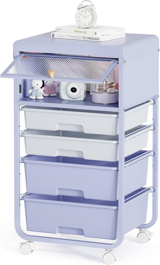 Utility-Rolling-Storage-Drawer-Craft-Cart-Organizers with 4 Drawers & Dust-Proof Door for Kid Craft Art Room,Bedroom,Home Office, Lavender Purple-BrightBean Baby