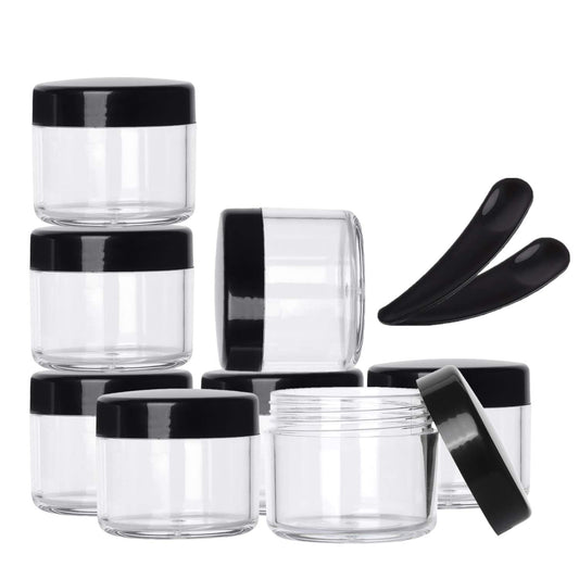 Refillable Cosmetic Sample Jars - 100 Pack 20g (0.7oz) Black Small Travel Containers with Lids + 10 Mini Makeup Spatulas - BPA Free-BrightBean Baby