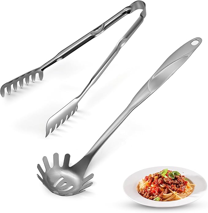Spaghetti Spoon and Pasta Tong with Grip Teeth and Drain Holes, 2-Piece Large Spaghetti Utensil, Comfortable Grip Design for Cooking, Serving, Salad and Noodles, Stainless Steel