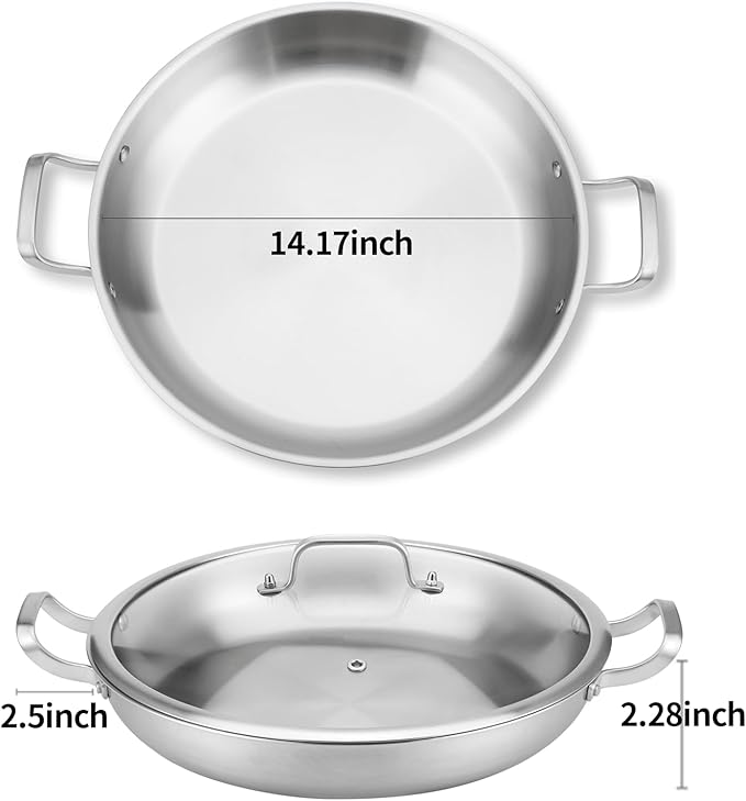 DELARLO 13" Tri-Ply Stainless Steel Paella Pan with Lid