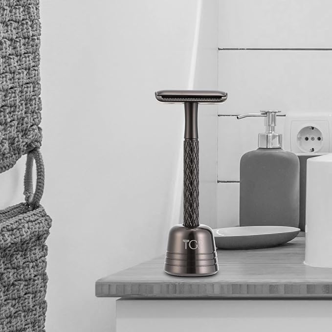 Double Edge Safety Razor for Men with Stand and Silicone Cover - Durable Metal Eco-Friendly Single Blade Safety Razor with 10 Blades - Closed Smooth Shave Matte Black-BrightBean Baby