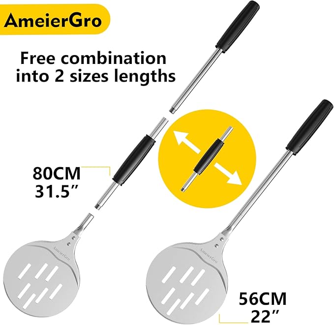 Pizza Peel - Perforated Turner, Adjustable Long Handle, Harden Anodizing, Oven Accessories