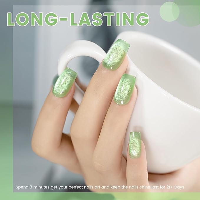 RARJSM Green Cat Eye Gel Nail Polish Set 6pcs Reflective Sparkly Diamond Glitter Nude Pink Blue Purple Clear Glass Cateye Gelpolish with Magnet Stick 7.5ml Curing Requires Soak Off for Home Salon-BrightBean Baby