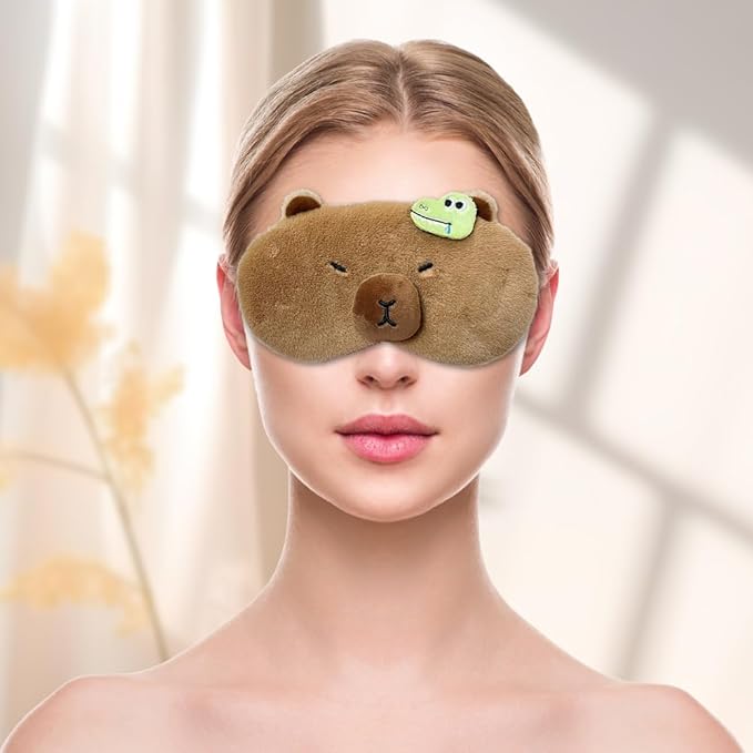 PERFECTSIGHT Cute Plush Eye Mask, Lightweight Adjustable Eyeshade, Faux Fur Cover for Women Men Sleep Travel Nap (Capybara)-BrightBean Baby
