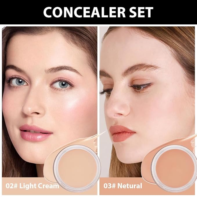 Kaely 2Pcs Pot Concealer Full Coverage Set,under Eye Brightener Concealer for Conceals Dark Circles,Waterproof Foundation Face Makeup Brush Kit,Color Correcting Concealer,02+03-BrightBean Baby