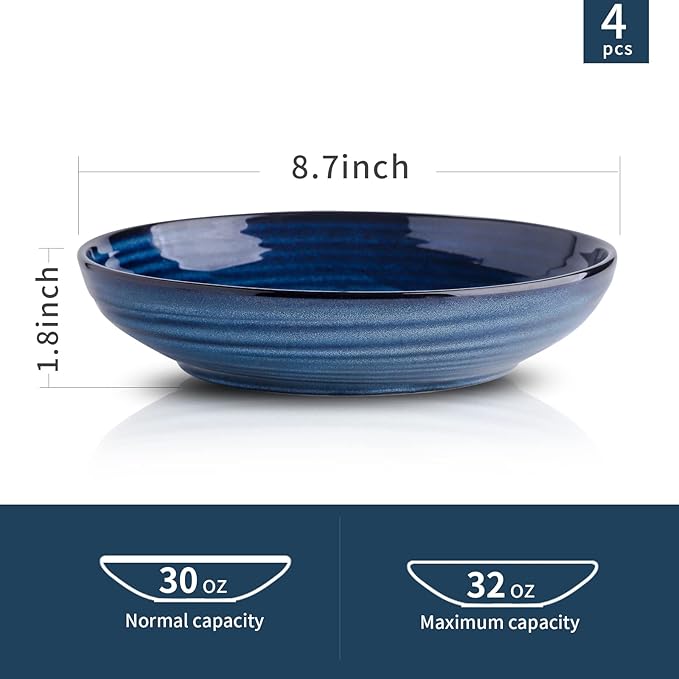 Hasense Pasta Bowls Set of 2, 8.7 Inch Ceramic Salad Serving Bowls for Kitchen, 32 Ounce Shallow Bowls for Pasta Soup Salad Dinner, Microwave Dishwasher Safe, Navy Blue