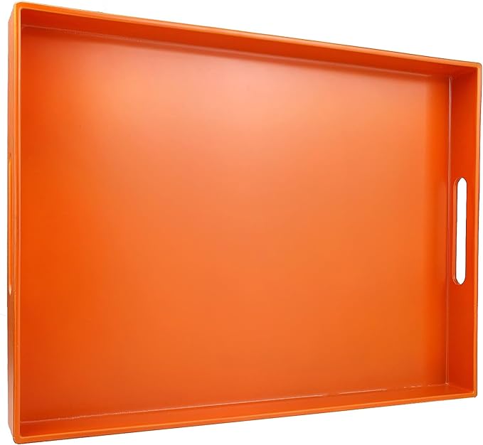 Ornage Serving Tray for Coffee Table, Rectangular Plastic Decorative Tray with Handles for Entertaining, Outdoor Patio, Living Room, Ottoman, Bathroom Counter, 11.8”*15.7”*1.6”