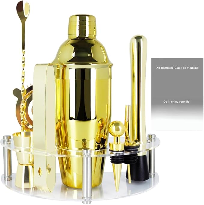 Cocktail Shaker Set with Stand, Cocktail Shaker Bartender Kit: Bar Tool Set, Drink Mixing Includes Martini Shaker,Strainer,Jigger,Bar Mixer Spoon,Muddler, Pourer, Bottle Stopper (Gold)