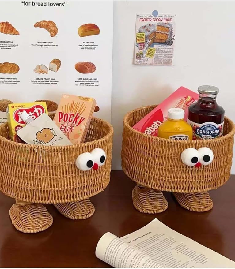 hand-woven round rattan basket storage basket storage box ornaments decorative basket multifunctional picnic food bread basket fruit gift basket key basket. (cartoon)