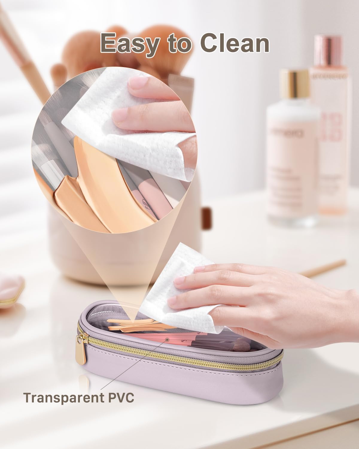 Clear Travel Makeup Brush Holder, Leather Makeup Brush Toiletry Bag, Portable Cosmetic Brush Case, Transparent Waterproof Makeup Brush Storage Bag, Purple-BrightBean Baby