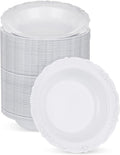 100 Pack White Plastic Bowls with Silver Rim, 12oz Plastic Salad Bowl, Disposable Bowls for Party, Dinners, Weddings, Christmas, Thanksgiving