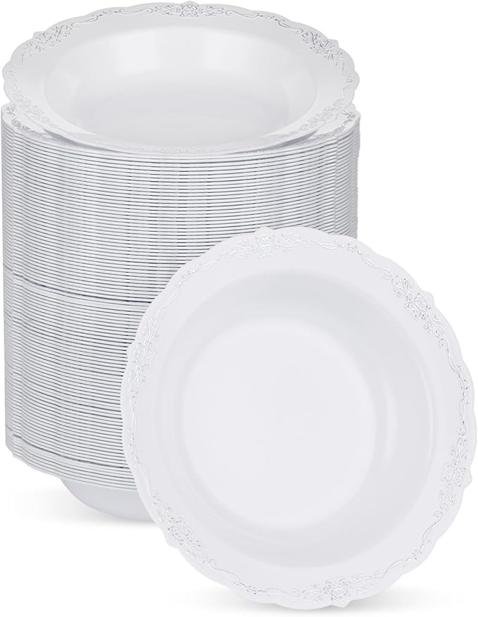 100 Pack White Plastic Bowls with Silver Rim, 12oz Plastic Salad Bowl, Disposable Bowls for Party, Dinners, Weddings, Christmas, Thanksgiving